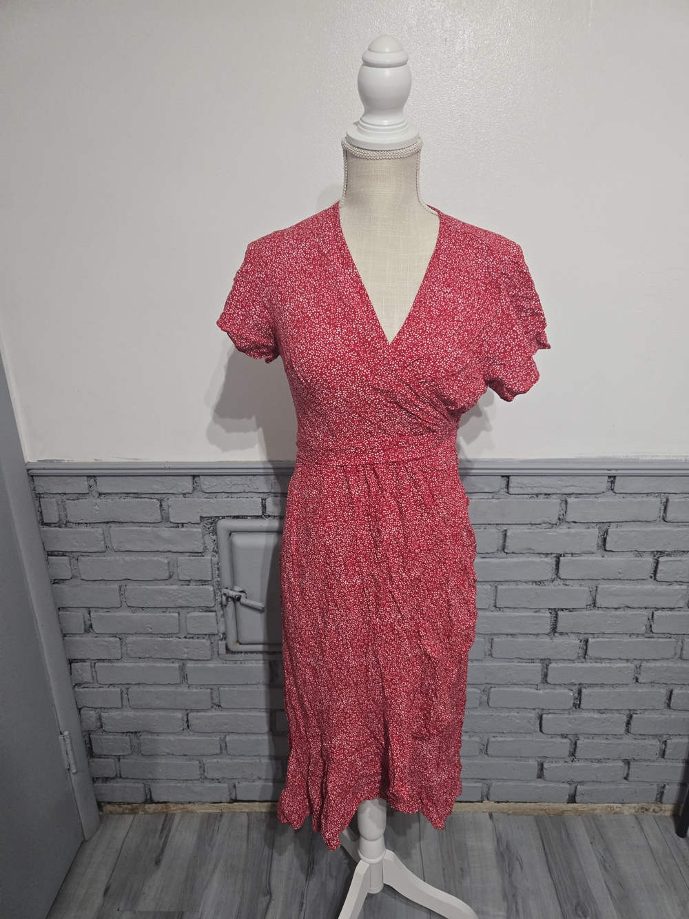 Red Floral Wrap-Style Midi Dress